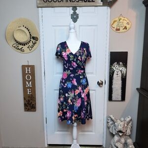Pink Lily Floral Fit & Flare Vacationwear Knee Length Dress Medium Faux Wrap...